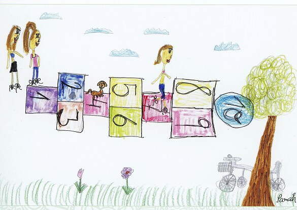 Kinderzeichnung: Kinder spielen draußen Hinke Pinke (in anderen Regionen Himmel und Hölle genannt)