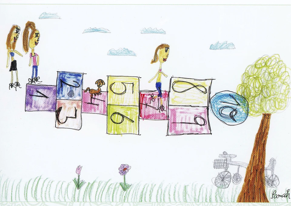 Kinderzeichnung: Kinder spielen drau&szlig;en Hinke Pinke (in anderen Regionen Himmel und H&ouml;lle genannt)