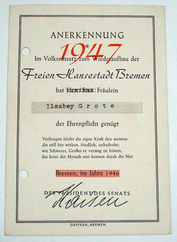 Anerkennungsurkunde zum Wiederaufbau 1947 