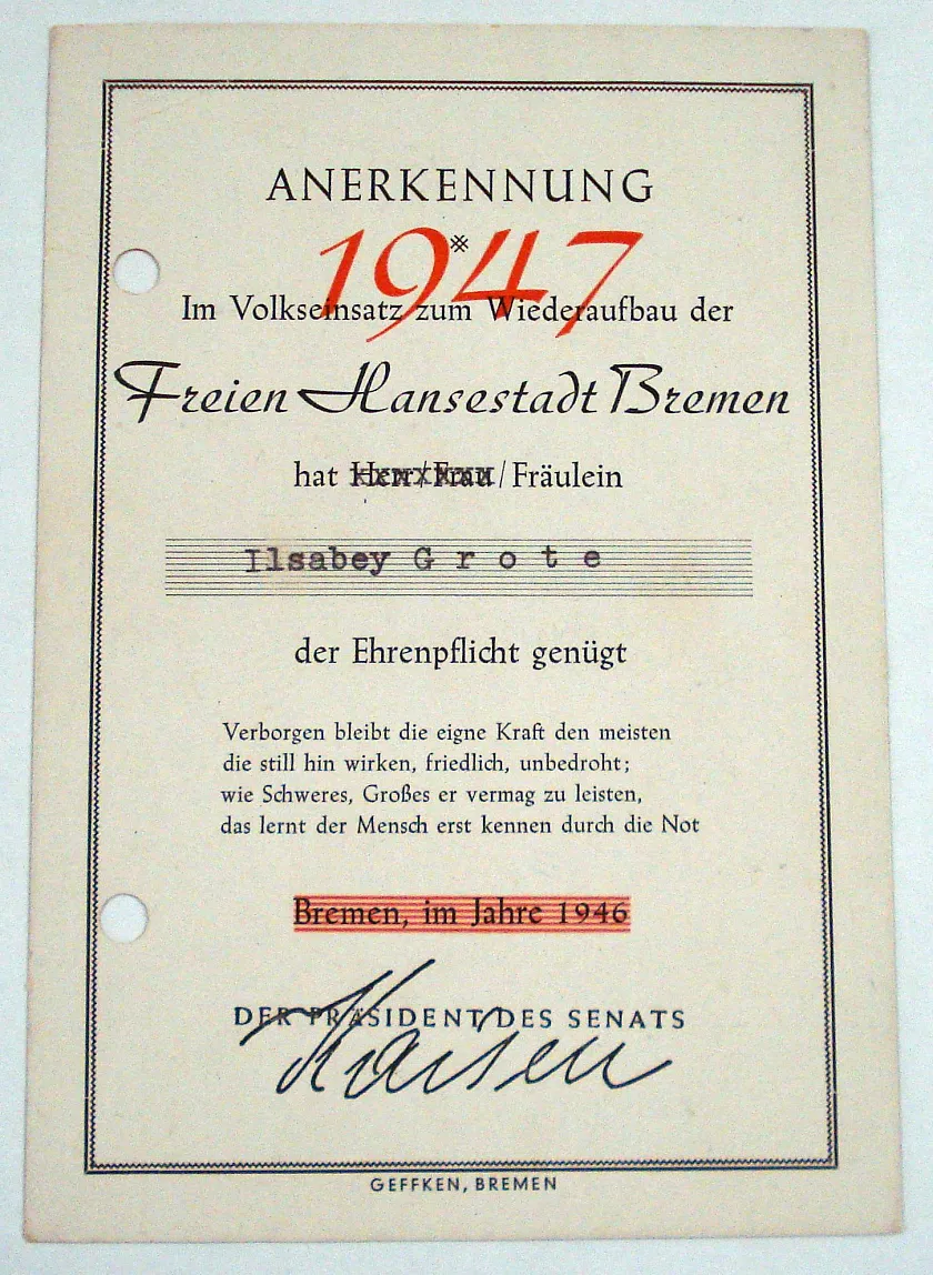 Anerkennungsurkunde zum Wiederaufbau 1947 