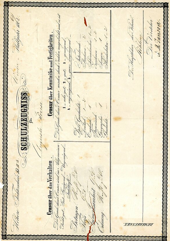 Zeugnis der Janson-Schule 1862