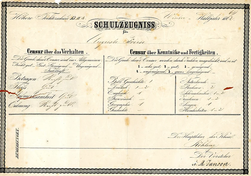 Zeugnis der Janson-Schule 1862