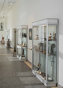 Flur, Vitrinen mit Ausstellungsstücken
